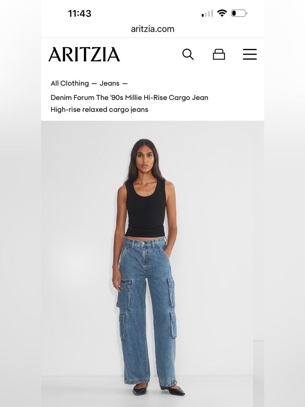 Aritzia Denim Forum The 90’s High-Rise Millie Cargo Jeans in Med Indigo Denim